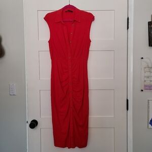 ZARA Cherry red sleeveless collared ruched linen dress, like new